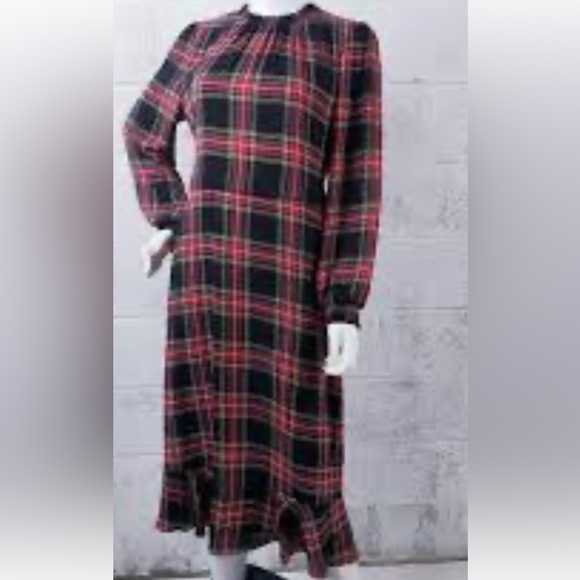 J. Crew Long sleeve midi dress with ruffle/smocked neck. Black tartan plaid - Picture 2 of 8